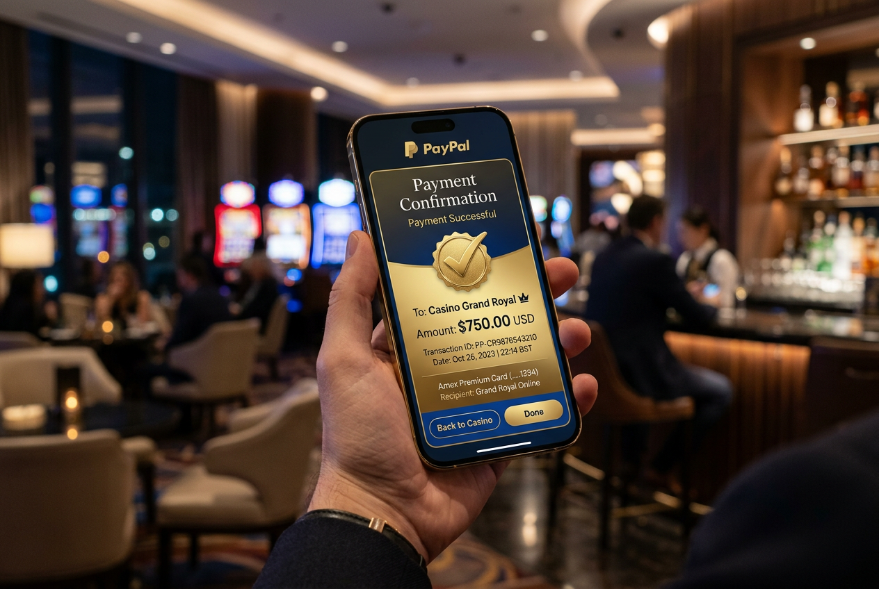 Elegantní rozhraní mobilní aplikace PayPal s potvrzením platby v kasinu